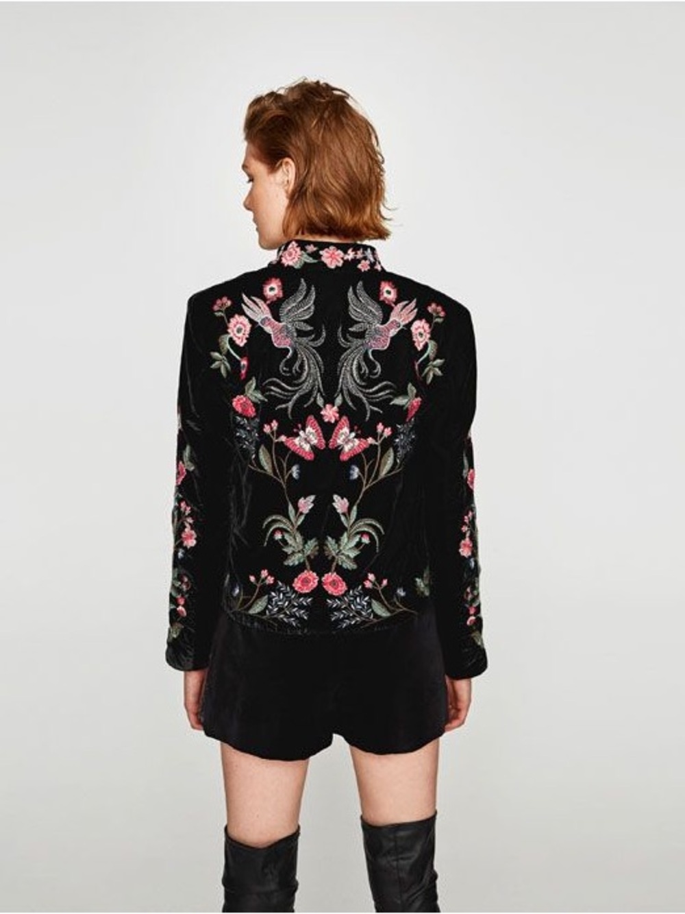Zara Black Velvet Blazer with Pink Floral & Bird Embroidery